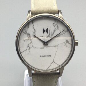 MVMT Boulevard Watch Women 38mm Silver Tone White Leather Band New Battery